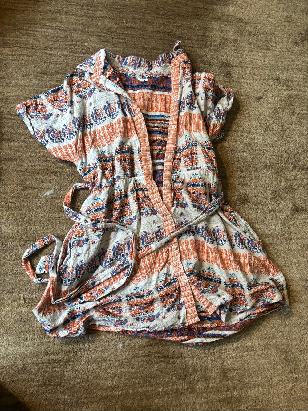 Boho Printed Tie-Waist Short Sleeve mini dress - White & Orange Floral